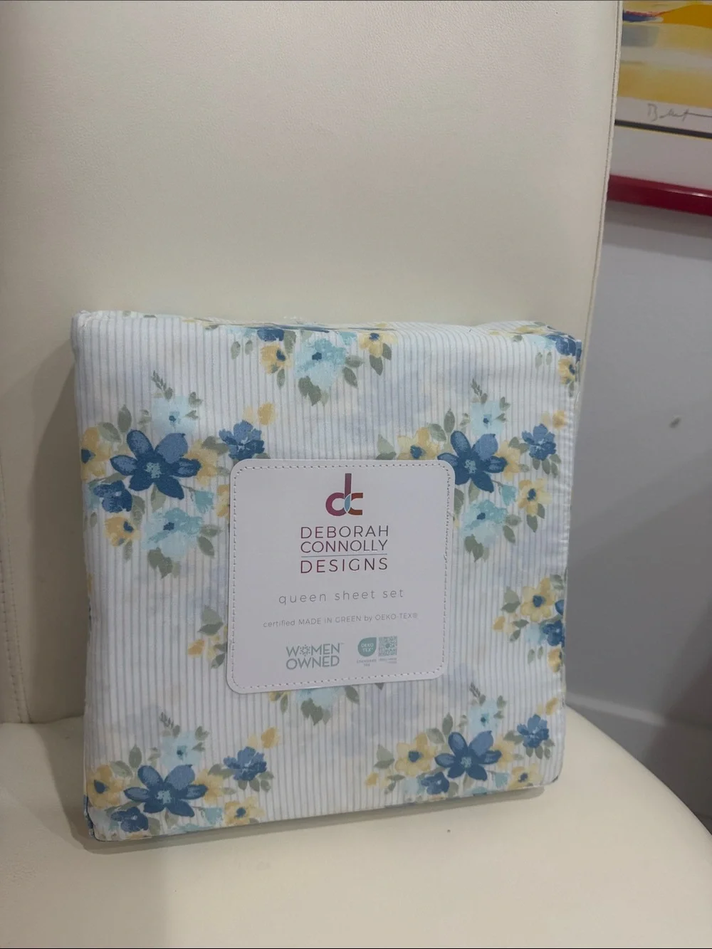 Deborah Connolly White/Blue/Yellow Floral /Stripes Queen Sheet Set